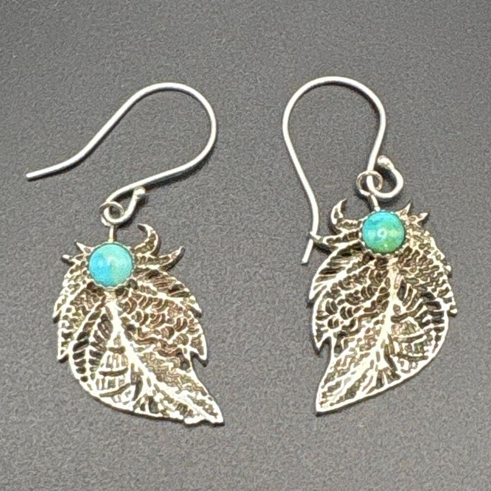 Turquoise & Sterling Silver Earrings, NEW, Handmade, Artisan, 2”, Leaf Pattern
